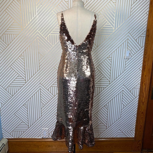 Saloni Aidan Sequin Ruffle Hem Midi Dress Bronze - Picture 6 of 12